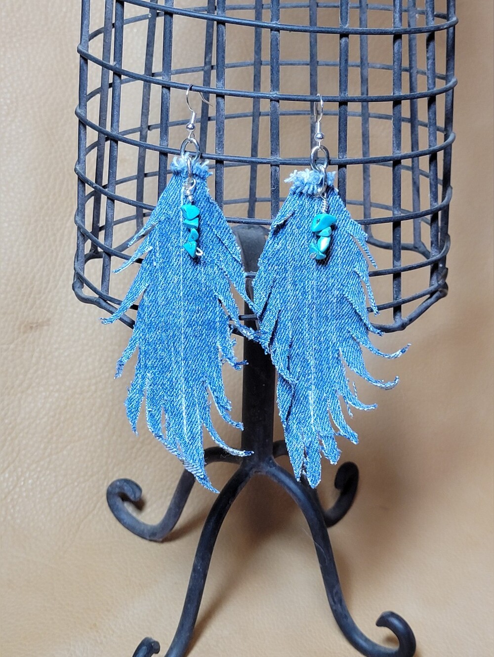 Handmade Blue Jean Feather Earrings with Turquoise Chip Beads